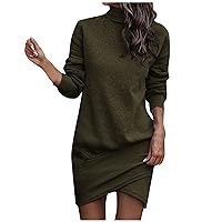Sweater Dress for Women 2023 Trendy Ladies Casual High Neck Long Sleeve Hip Pack Irregular Dress