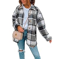 Womens Flannel Plaid Shacket Lapel Button Down Shirts Jacket Coats Trendy Casual Long Sleeve Shirts with Side Pockets