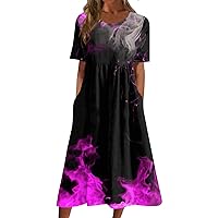 Summers Business Novelty Tunic Dress Ladies Plus Size Short Sleeve Crewneck Cotton Women's Comfort Print Purple XL