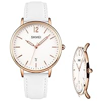 SKMEI Women's Watches, Leather Band Waterproof Ultra Thin Casual Simple Dress Quartz Analog with Date Calendar