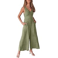 ANRABESS Women's Summer Wide Leg Linen Jumpsuits Dressy V Neck Sleeveless Casual Pants Rompers 2024 Vacation Beach Outfits