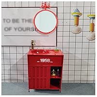 Industrial Style Vanity Unit with Basin, Modern Basin Cupboard with Faucet and Drain Free Standing Bathroom Storage Cabinet Under Sink 25.5 x 18.11 x 33.4 in,Red,with Mirror