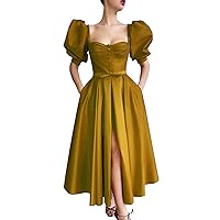 Women's Short Puff Sleeves Front Slit Prom Dresses with Pockets Tea Length Wedding Party Dresses