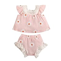 Muddy Girl Baby Newborn Infant Baby Girls Summer Sleeveless Lace Linen Cotton Daisy Floral T Shirts (Pink, 6 Months)