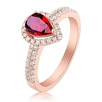 Real Gold Created Ruby Halo Ring for Women Synthetic Pear Ruby Diamond Engagement Wedding Ring for Bridal Set