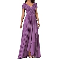 Mother of The Bride Dresses for Wedding Plus Size 2024 Chiffon A-Line Lace Applique V Neck Casual Formal Short Sleeves Mother of The Groom Dresses Floor Length Purple
