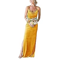 Wchecalino Women's Cowl Neck Velvet Bridesmaid Dresses Long Formal Wedding Guest Dress with Slit
