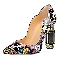 FSJ Women Pointed Toe Crystal High Heel Pumps Comfort Slip On Chunky Block Heel Bridal Wedding Evening Party Prom Dress Shoes Size 4-15 US