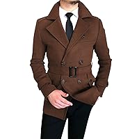 Mens Trench Coats Lapel Double Breasted Belted Coats Slim Fit Long Windbreaker Casual Woolen Windproof Overcoats