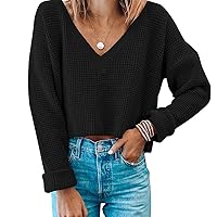 Jumppmile Womens V Neck Waffle Knit Cropped Top Long Sleeve Pullover Crop Sweater