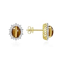 RYLOS 14K Yellow Gold Princess Diana Inspired Earrings - Oval Shape Gemstone & Diamonds - 8X6MM Birthstone Earrings - Timeless Color Stone Jewelry