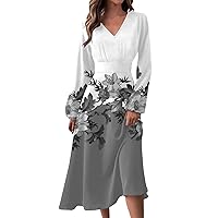 Summer Dresses for Women 2024 V-Neck Causal Flowy Loose Dress Floral Printed Vintage Summer Long Sleeve Dresses