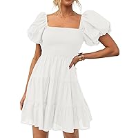 ZESICA Women's 2024 Boho Summer Square Neck Puff Sleeve Off Shoulder Smocked Tiered Casual A Line Short Mini Dress