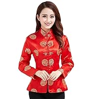Women Collar Shirt Button Satin Blouse Long Sleeve Chinese Traditional Red Top Clothing