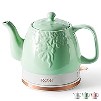 Toptier Electric Ceramic Tea Kettle, Boil Water Quickly and Easily, Detachable Swivel Base & Boil Dry Protection, Carefree Auto Shut Off, 1 L, Green Leaf