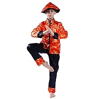 Boys Red Traditional Chinese Dragon Kung Fu Outfit Costume With Hat
