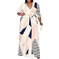 Runwind Plus Size Dresses for Women Floral Maxi Dress Flowy 3/4 Sleeve with Belt