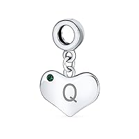 Bling Jewelry Personalized Initial Alphabet A-Z Simulated Emerald Green Crystal Accent Heart Shape Dangle Bead Charm .925 Sterling Silver For Women Teen European Bracelet Customizable