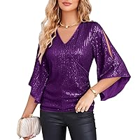 GRACE KARIN Womens Sequin Tops 3/4 Sleeve Glitter Sparkly Party Blouse V-Neck Dressy Tops for Evening Party