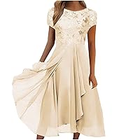 Dresses for Women 2024 Elegant Solid Short Sleeve Round Neck Flowy Dress Chiffon Patchwork Maxi Dress Party Gowns