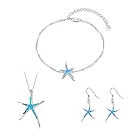 Cuoka Blue Fire Opal Jewelry Set, 925 Sterling Silver Starfish Necklace Starfish Earrings Starfish Bracelet, Nautical Jewelry Set for Women with Gift Box