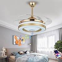 42Inch Bluetooth Ceiling Fan with Light and Speaker Music, 7 Color Dimmable LED Retractable Blades with Remote Ceiling Lighting Chandelier for Livingroom Restaurant Hall