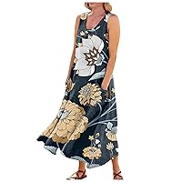 Dresses for Women 2024 Summer Casual Printed Comfortable Sleeveless Cotton Dress with Pocket