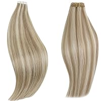 22% RUNATURE Ash Brown with Platinum Blonde Human Hair Tape in Extensions 16 Inch Straight Weft Hair Extensions Real Human Hair Full Ends