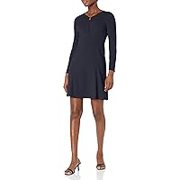 Donna Morgan Women's Long Sleeve Fit and Flare Crepe U-Ring Trim Dress Workwear Career Office Event Guest of, Twilight Navy