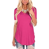 Women's V Neck Tunic Tops Solid Color Short Sleeve Loose T-Shirts Casual Curved Hem Tee Summer Top Blouse