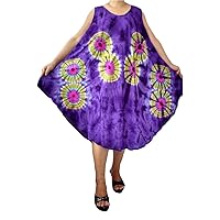 Plus Size Loose Dress Sleeveless A-Line Hand Tie Dye Purple Casual House Wear, Bust 52