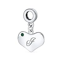 Bling Jewelry Personalized Script Initial Alphabet A-Z Simulated Emerald Green Crystal Accent Heart Shape Dangle Bead Charm .925 Sterling Silver For Women Teen European Bracelet Customizable