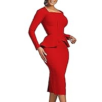 Fashion Pleated Square Neck Ruffle Peplum Cocktail Bodycon Sheath Dress with Slit for Women