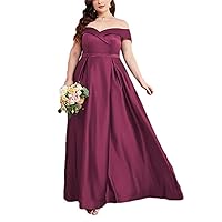 Women's Plus Size Off Shoulder Satin Floor Length Evening Gown Wedding Bridesmaid Prom Luxury Dress