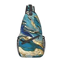 Sling Backpack,Travel Hiking Daypack Azurite Teal And Foil Gold Oil Marble Pattern Print Rope Crossbody Shoulder Bag