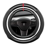 Suede Carbon Fiber Steering Wheel Cover, Compatible with Tesla Model Y 14.25 inch Soft Alcantara Touch Leather Sport Non-Slip Automotive Interior Accessories
