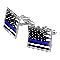 Thin Blue Line American Flag Square Cufflink Set - Silver or Gold