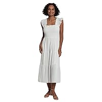 London Times Women's Clip Dot Fabric Midi Dress with Smocked Bodice, Tiered Skirt, and Ruffle Details