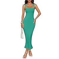 ZESICA Women's Summer Bodycon Midi Dress 2024 Sleeveless Square Neck Slim Fit Back Slit Long Cocktail Party Dresses,Green,X-Large