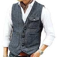 Casual Mens Vests Tweed Waistcoats Herringbone Retro Workwear Vintage Vest