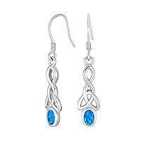 BFF Gemstone Blue Oval Bezel Blue Opal Love Knot Dangle Irish Celtic Earrings For Women Teens Fish Hook .925 Sterling Silver 1.5 Inch Long
