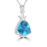 6.64 Ct Trillion Shaped Blue Topaz and Round Cut Diamond Pendent in 14k White Gold