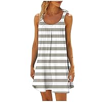 Summer Tops for Women Ballroom Sleeveless Fun Mini Cotton Sundress Scoop Neck Fit Striped Light Ruched Tops for Women Gray