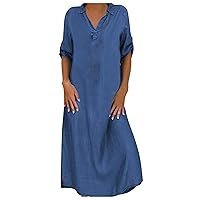 Denim Dresses for Women Long Maxi Dress Casual Denim Dress V-Neck Roll Sleeve Button Loose Summer Dress Plus Size