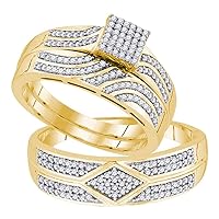 The Diamond Deal 10kt Yellow Gold His & Hers Round Diamond Square Cluster Matching Bridal Wedding Ring Band Set 1/2 Cttw