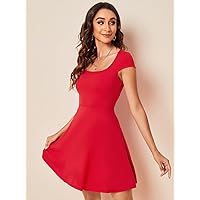 Women Dresses Scoop Neck Fit & Flare Dress (Color : Red, Size : Small)
