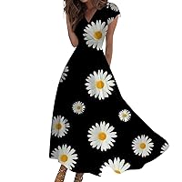 Sunmer Dress Floral Dress for Women Butterfly Pattern Fashion Modest Elegant with Short Sleeve V Neck Swing Tunic Dresses Black Large