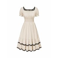 Lace Trim Regency Dress Women Square Neck Puff Short Sleeve Empire Waist Dresses Ruffle Tea Party Victorian Gowns