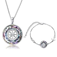 Compass Jewelry Sterling Silver 2022 Graduation Necklace and Bracelet Gifts for Women Girls - Purple Crystal
