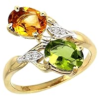 10K Yellow Gold Citrine & Peridot 2-Stone Mother's Ring Oval 8x6mm Diamond Accents, 3/4 inch Wide, Sizes 5-10
